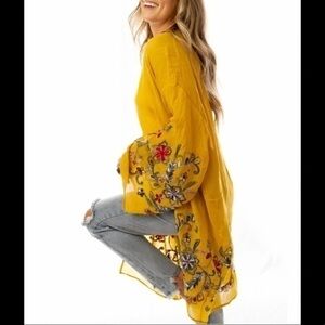 Mustard Yellow Crochet Floral Kimono Sheer Lightweight Duster NEW
